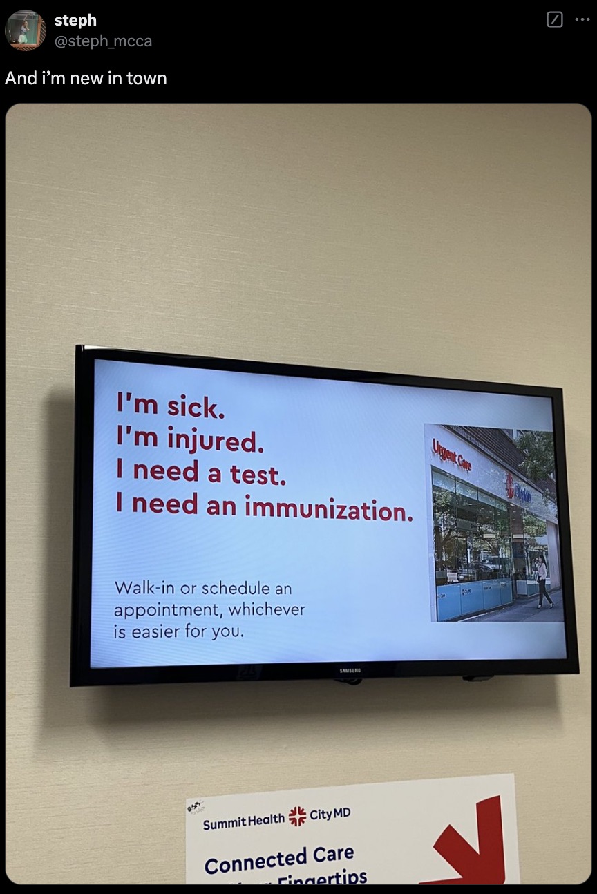 flat panel display - steph And i'm new in town I'm sick. I'm injured. I need a test. I need an immunization. Walkin or schedule an appointment, whichever is easier for you. 233 Samsung Urgent Care Summit Health City Md Connected Care Fingertips